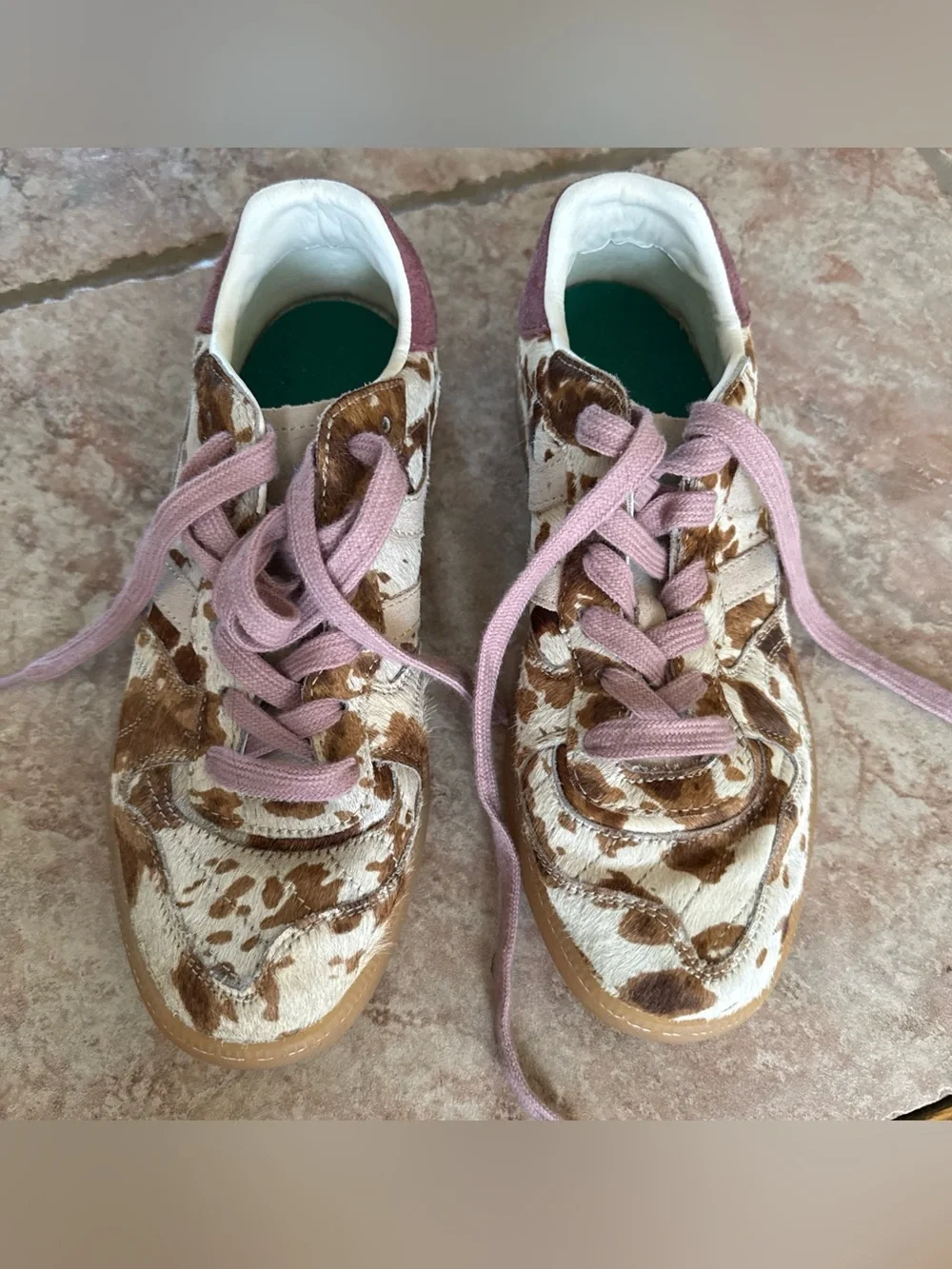 Woman’s  Brown & White Cow-Print Sneaker with Pink Laces